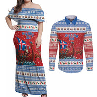 Iceland Viking Santa Christmas Couples Matching Off Shoulder Maxi Dress and Long Sleeve Button Shirt Funny Reindeer Norse Xmas - Wonder Print Shop