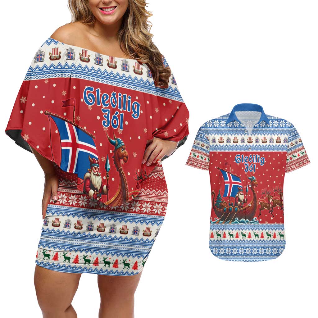 Iceland Viking Santa Christmas Couples Matching Off Shoulder Short Dress and Hawaiian Shirt Funny Reindeer Norse Xmas - Wonder Print Shop