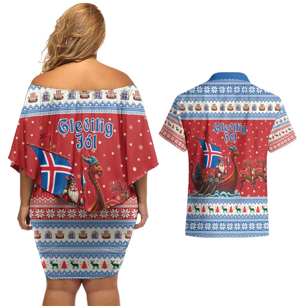Iceland Viking Santa Christmas Couples Matching Off Shoulder Short Dress and Hawaiian Shirt Funny Reindeer Norse Xmas - Wonder Print Shop