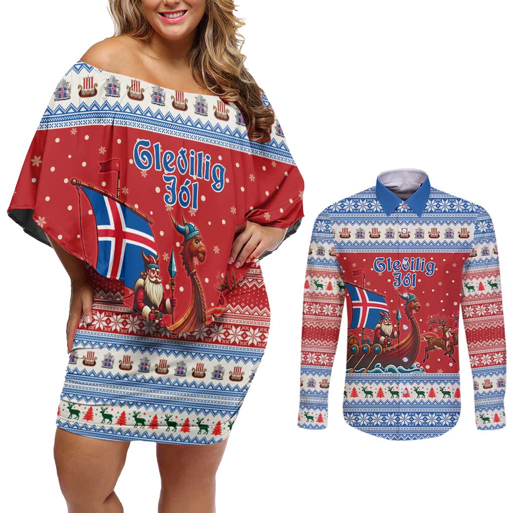 Iceland Viking Santa Christmas Couples Matching Off Shoulder Short Dress and Long Sleeve Button Shirt Funny Reindeer Norse Xmas - Wonder Print Shop