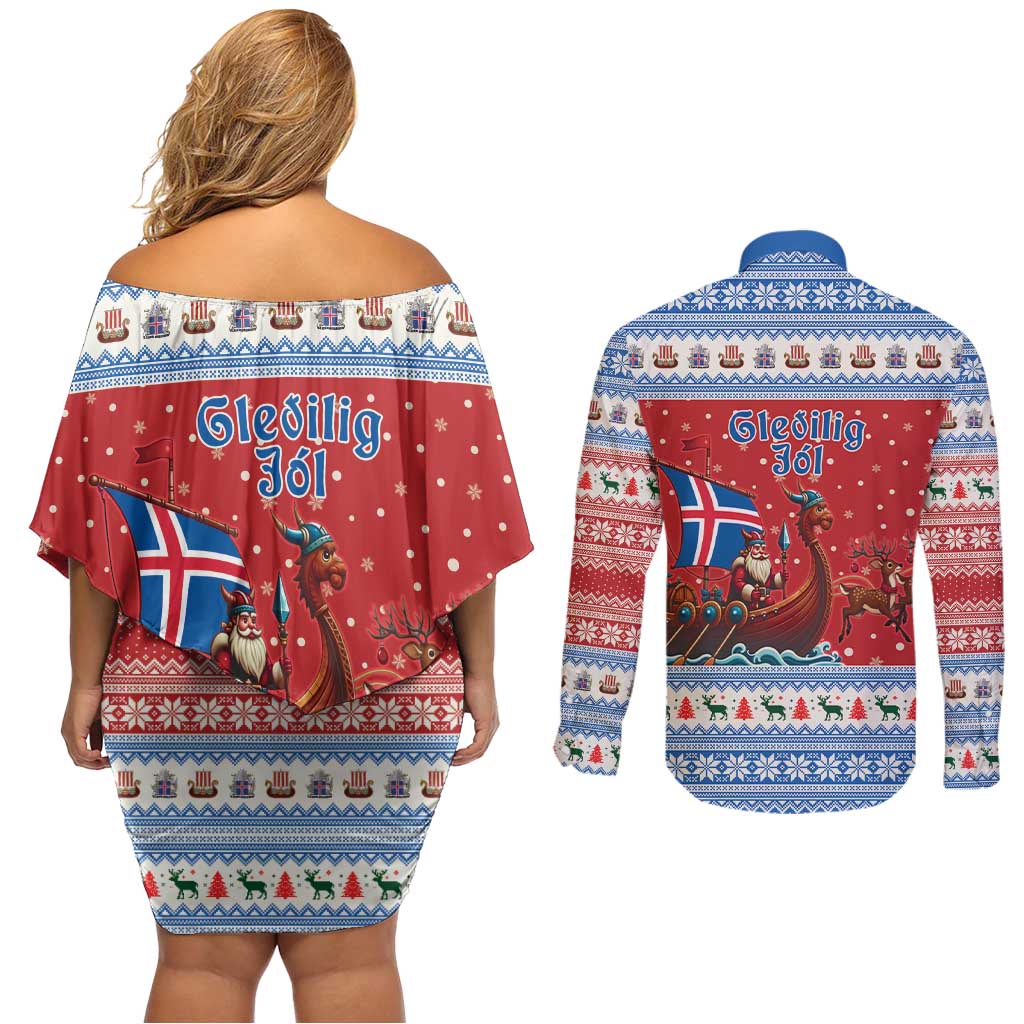 Iceland Viking Santa Christmas Couples Matching Off Shoulder Short Dress and Long Sleeve Button Shirt Funny Reindeer Norse Xmas - Wonder Print Shop