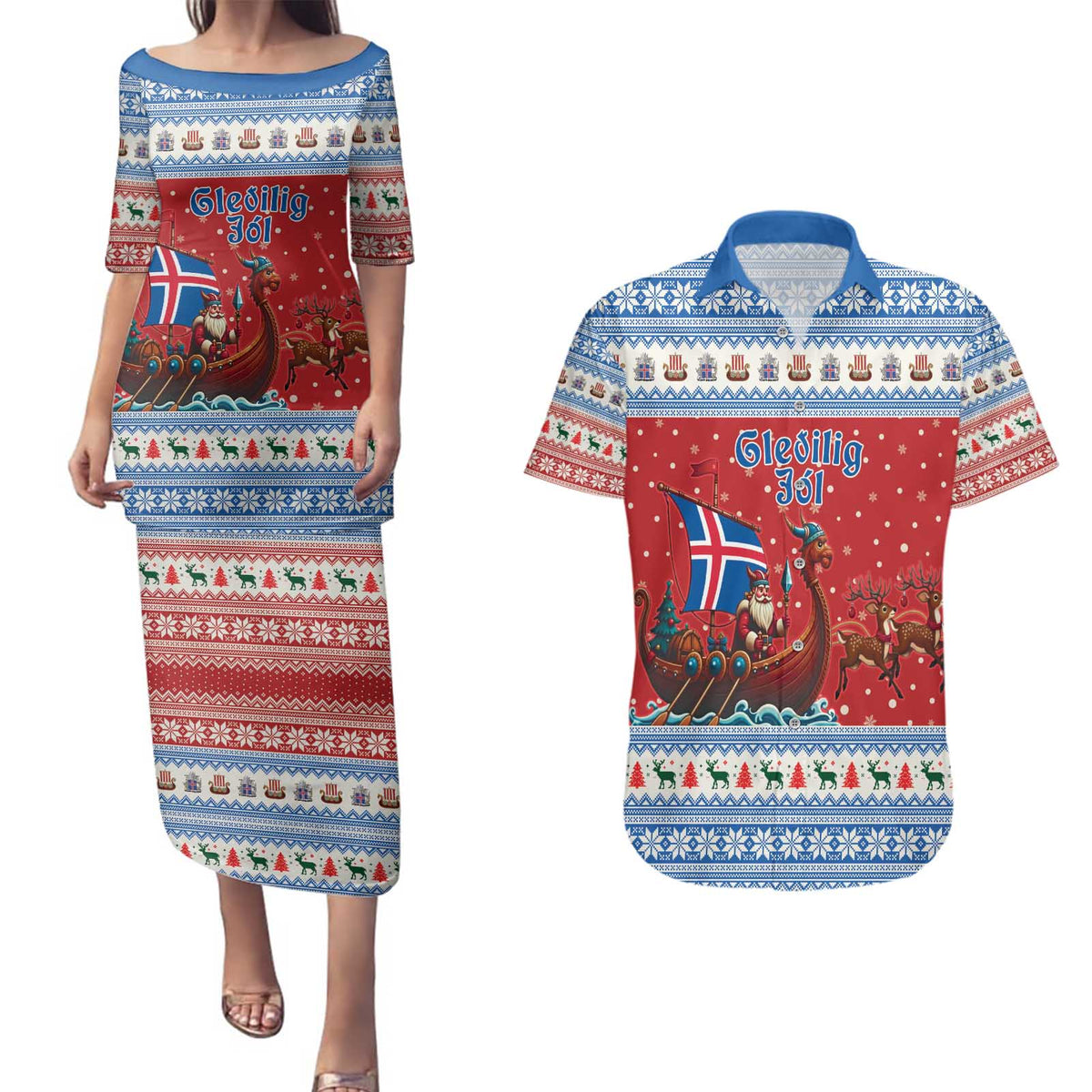 Iceland Viking Santa Christmas Couples Matching Puletasi and Hawaiian Shirt Funny Reindeer Norse Xmas - Wonder Print Shop