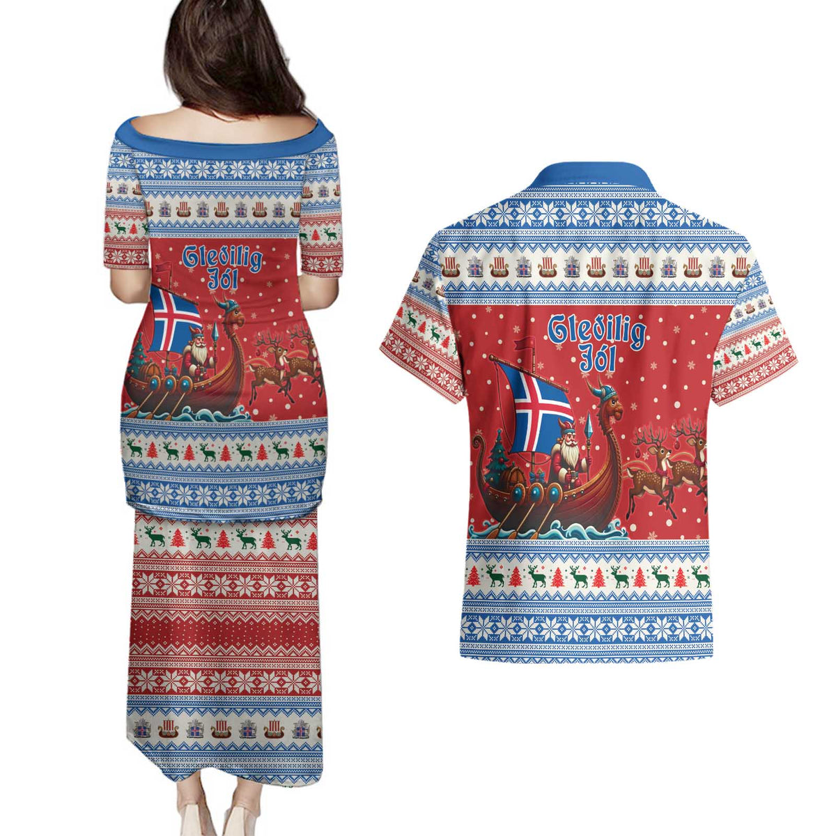 Iceland Viking Santa Christmas Couples Matching Puletasi and Hawaiian Shirt Funny Reindeer Norse Xmas - Wonder Print Shop