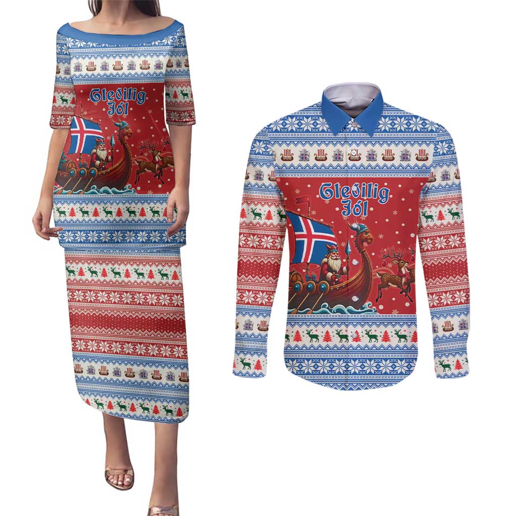 Iceland Viking Santa Christmas Couples Matching Puletasi and Long Sleeve Button Shirt Funny Reindeer Norse Xmas - Wonder Print Shop