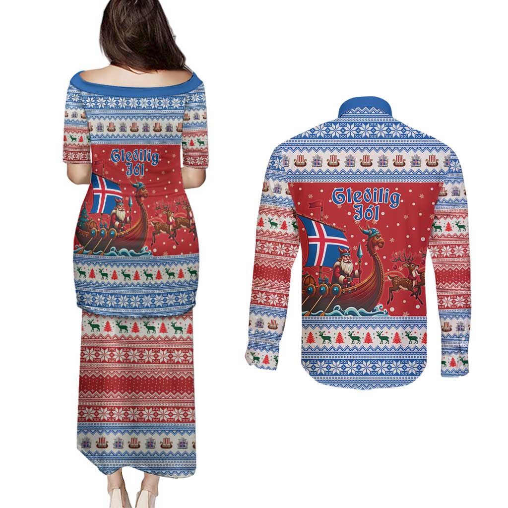 Iceland Viking Santa Christmas Couples Matching Puletasi and Long Sleeve Button Shirt Funny Reindeer Norse Xmas - Wonder Print Shop