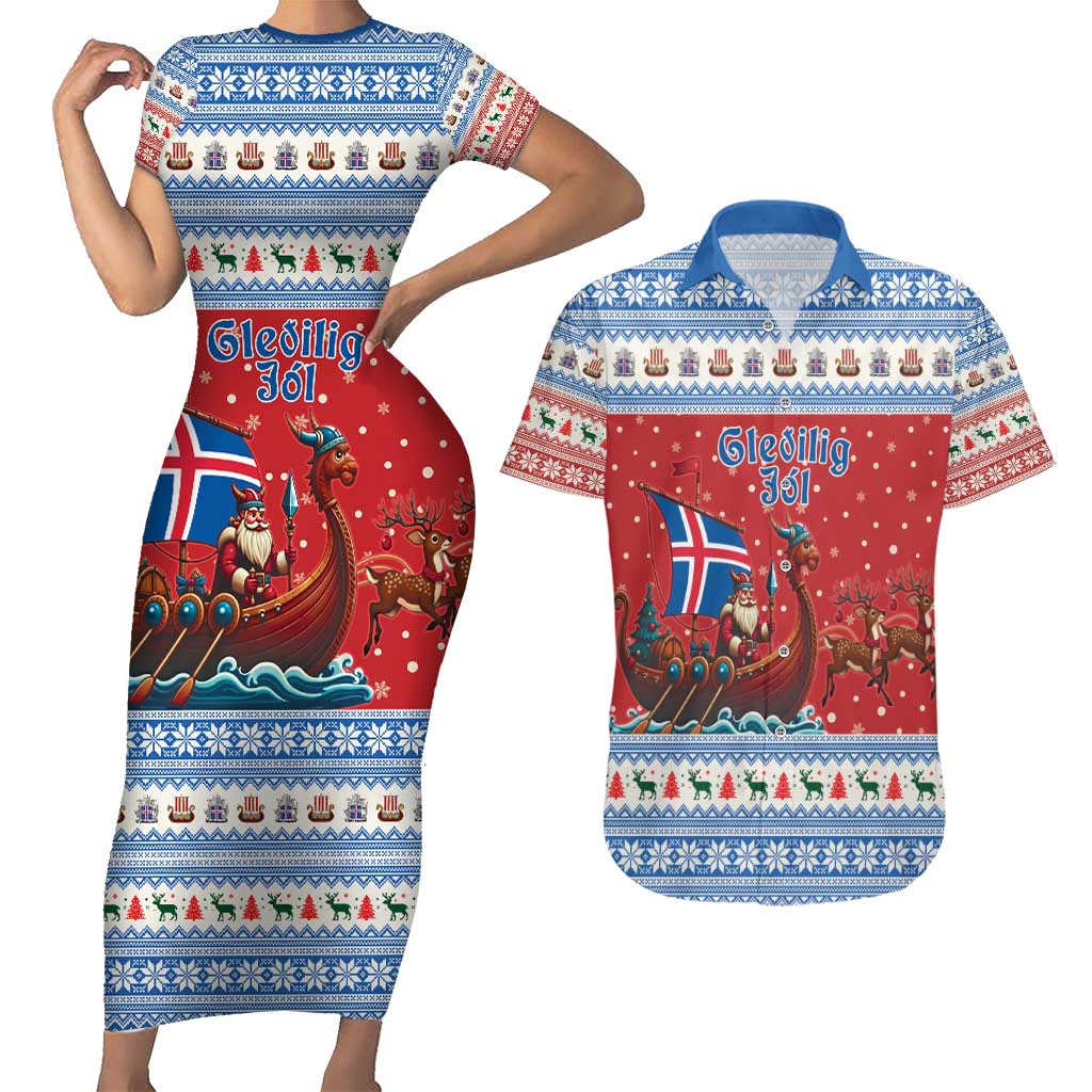 Iceland Viking Santa Christmas Couples Matching Short Sleeve Bodycon Dress and Hawaiian Shirt Funny Reindeer Norse Xmas - Wonder Print Shop