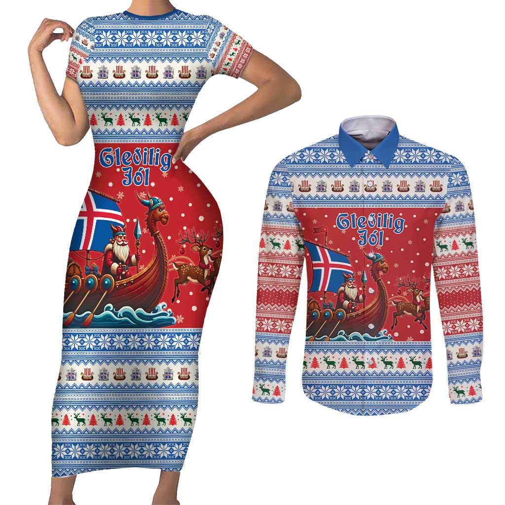 Iceland Viking Santa Christmas Couples Matching Short Sleeve Bodycon Dress and Long Sleeve Button Shirt Funny Reindeer Norse Xmas - Wonder Print Shop