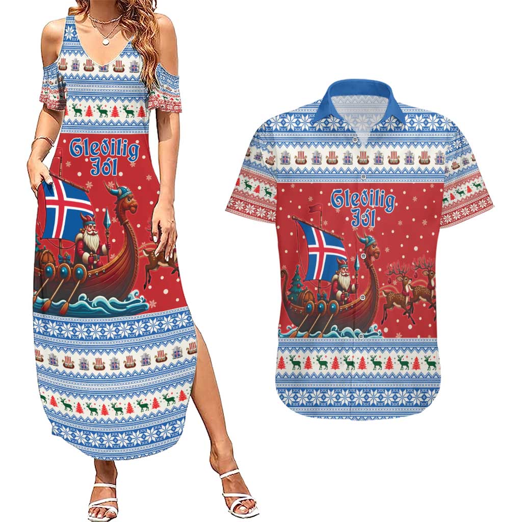 Iceland Viking Santa Christmas Couples Matching Summer Maxi Dress and Hawaiian Shirt Funny Reindeer Norse Xmas - Wonder Print Shop