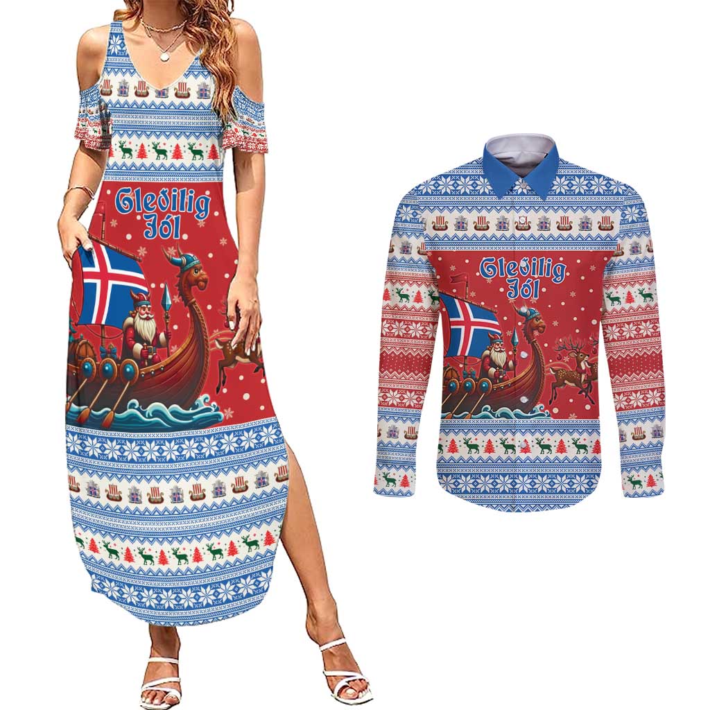 Iceland Viking Santa Christmas Couples Matching Summer Maxi Dress and Long Sleeve Button Shirt Funny Reindeer Norse Xmas - Wonder Print Shop