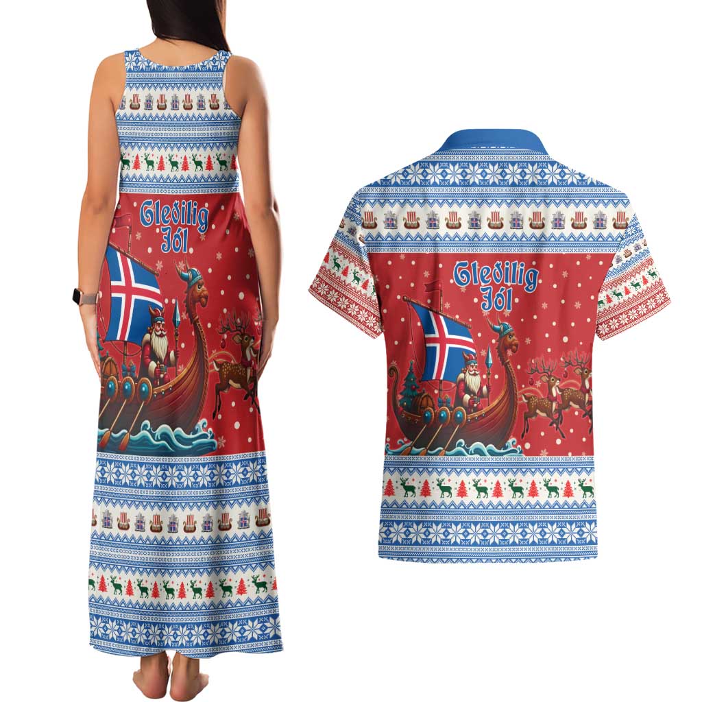 Iceland Viking Santa Christmas Couples Matching Tank Maxi Dress and Hawaiian Shirt Funny Reindeer Norse Xmas - Wonder Print Shop