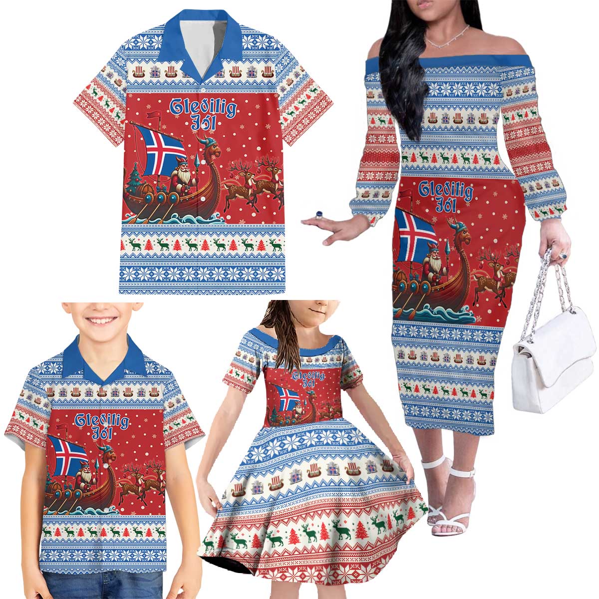Iceland Viking Santa Christmas Family Matching Off The Shoulder Long Sleeve Dress and Hawaiian Shirt Funny Reindeer Norse Xmas - Wonder Print Shop