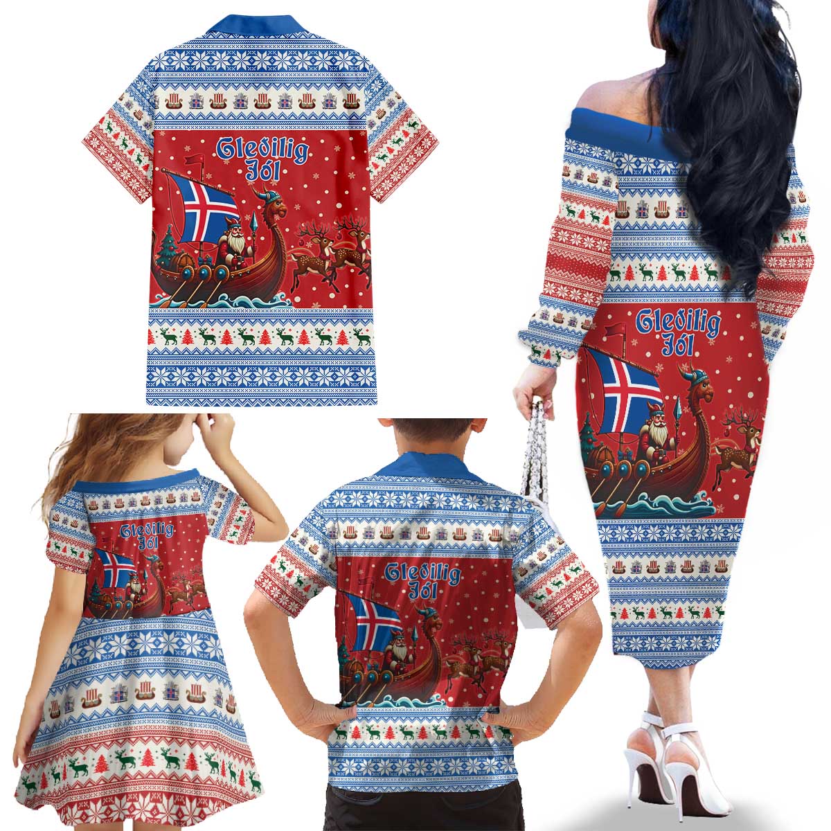 Iceland Viking Santa Christmas Family Matching Off The Shoulder Long Sleeve Dress and Hawaiian Shirt Funny Reindeer Norse Xmas - Wonder Print Shop
