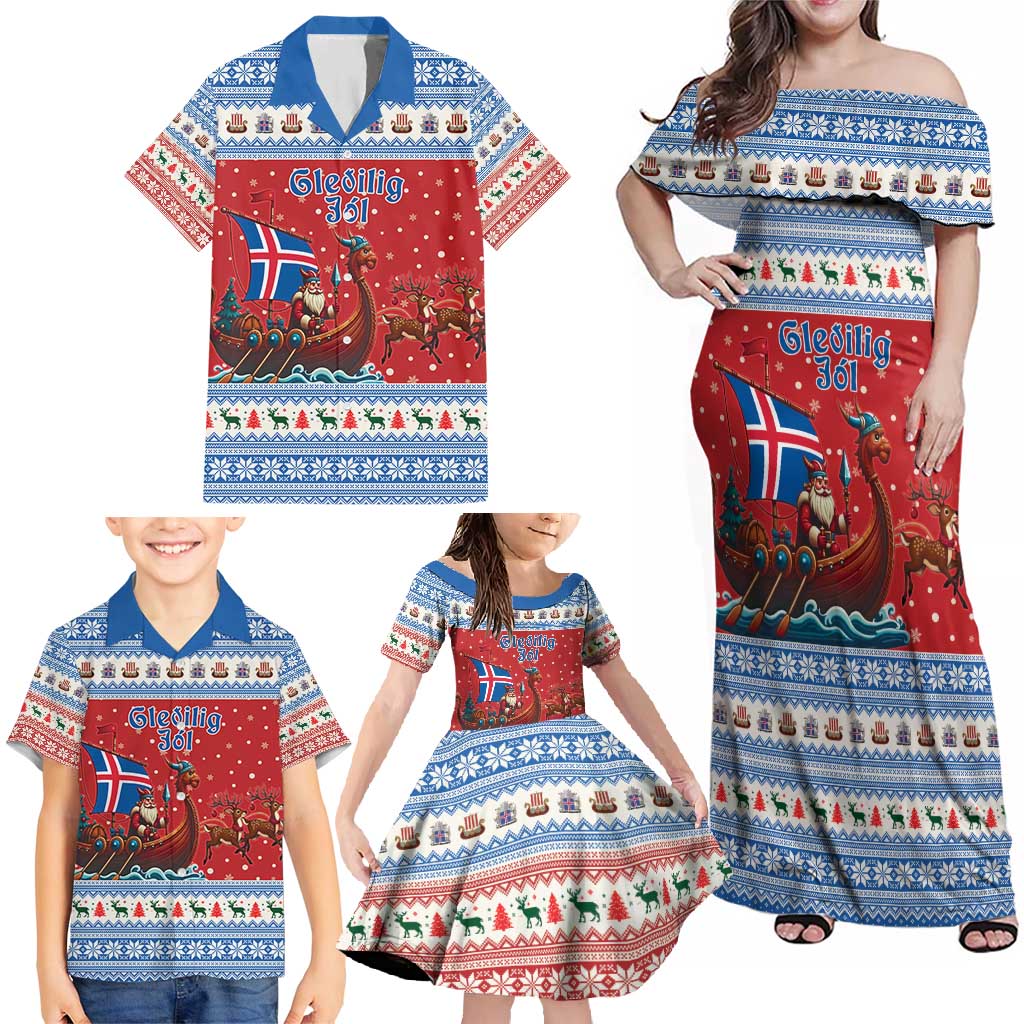 Iceland Viking Santa Christmas Family Matching Off Shoulder Maxi Dress and Hawaiian Shirt Funny Reindeer Norse Xmas - Wonder Print Shop
