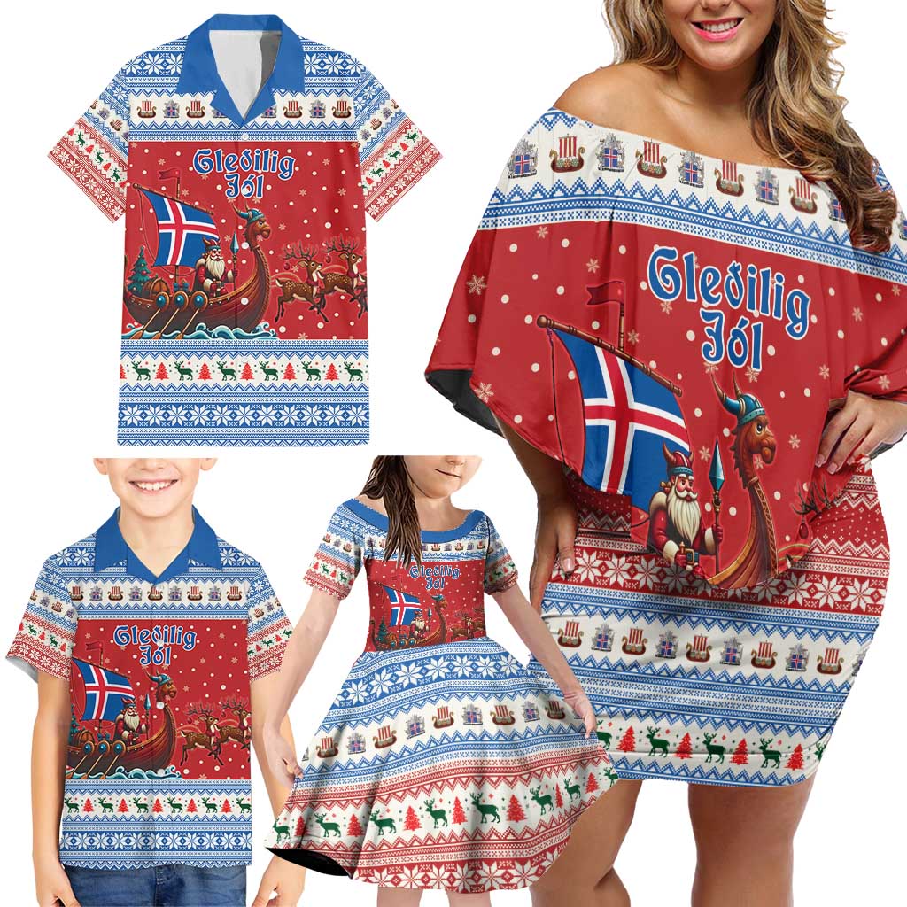 Iceland Viking Santa Christmas Family Matching Off Shoulder Short Dress and Hawaiian Shirt Funny Reindeer Norse Xmas - Wonder Print Shop