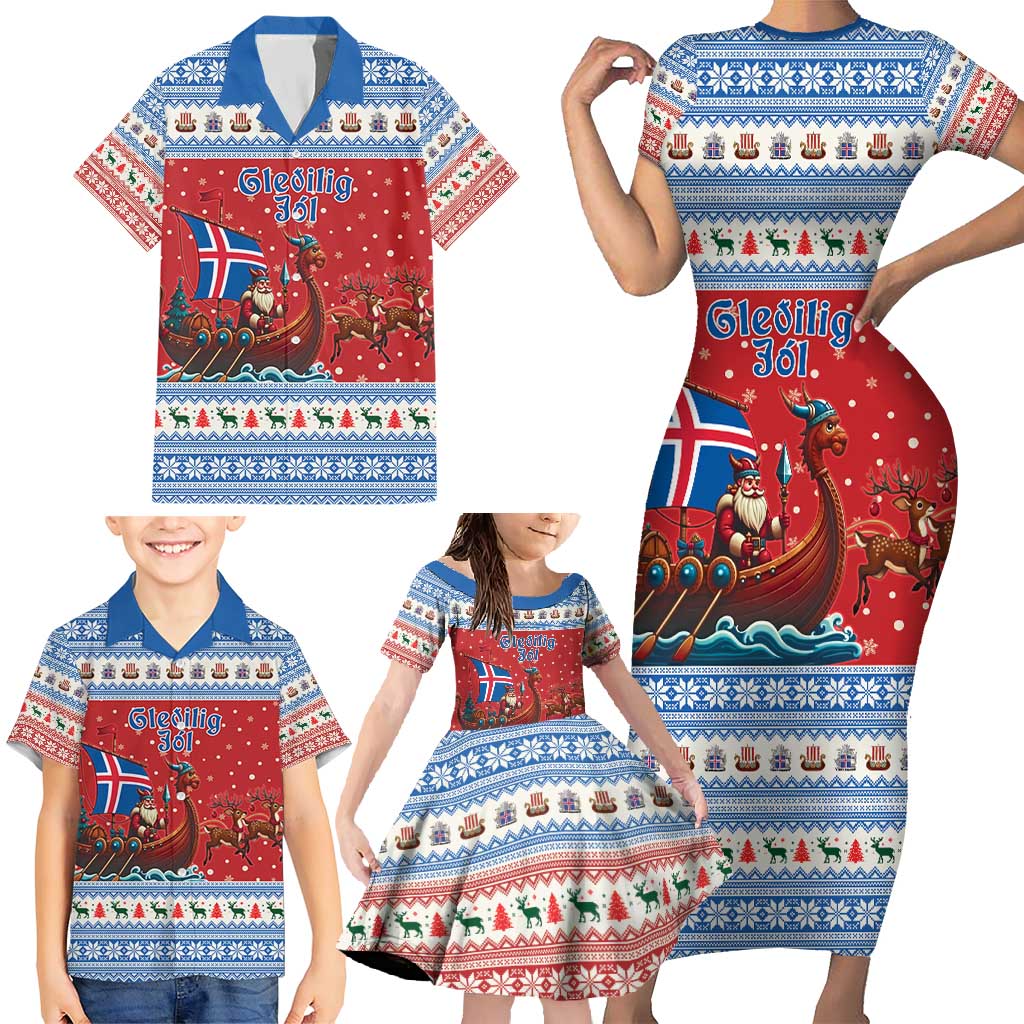 Iceland Viking Santa Christmas Family Matching Short Sleeve Bodycon Dress and Hawaiian Shirt Funny Reindeer Norse Xmas - Wonder Print Shop