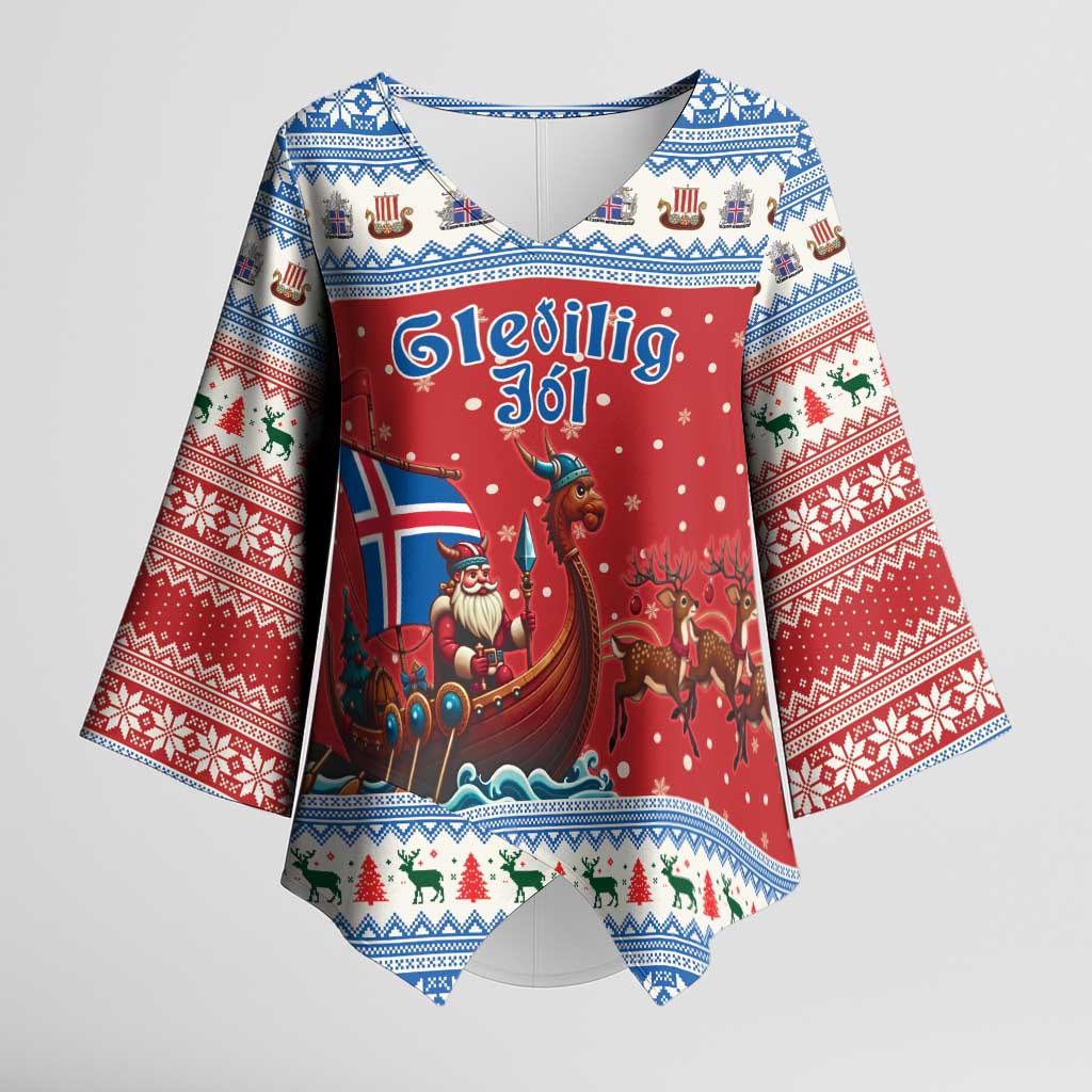 Iceland Viking Santa Christmas Kimono Sleeve Blouse Funny Reindeer Norse Xmas - Wonder Print Shop