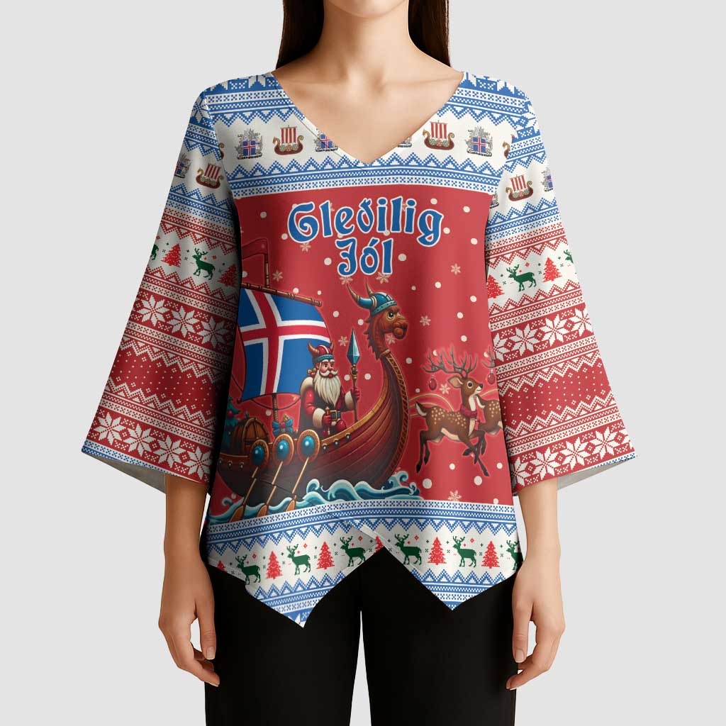 Iceland Viking Santa Christmas Kimono Sleeve Blouse Funny Reindeer Norse Xmas - Wonder Print Shop
