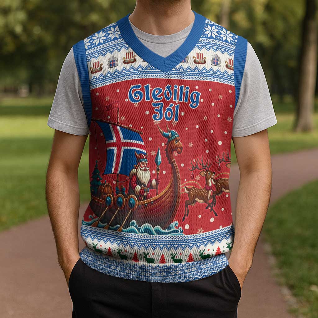 Iceland Viking Santa Christmas Knitted V-Neck Vest Funny Reindeer Norse Xmas - Wonder Print Shop