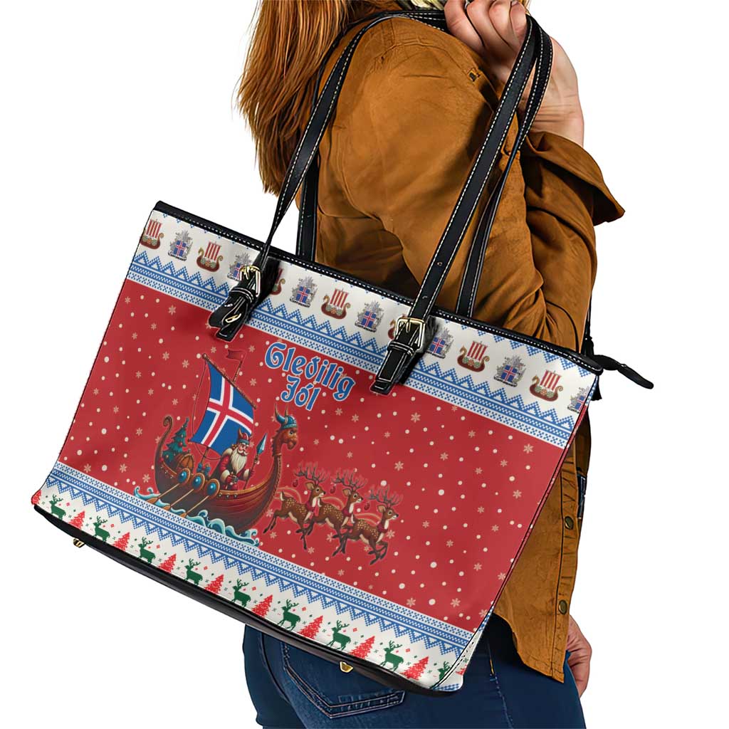 Iceland Viking Santa Christmas Leather Tote Bag Funny Reindeer Norse Xmas - Wonder Print Shop