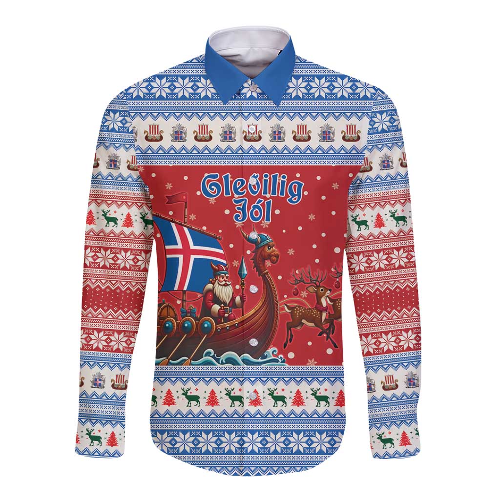 Iceland Viking Santa Christmas Long Sleeve Button Shirt Funny Reindeer Norse Xmas - Wonder Print Shop