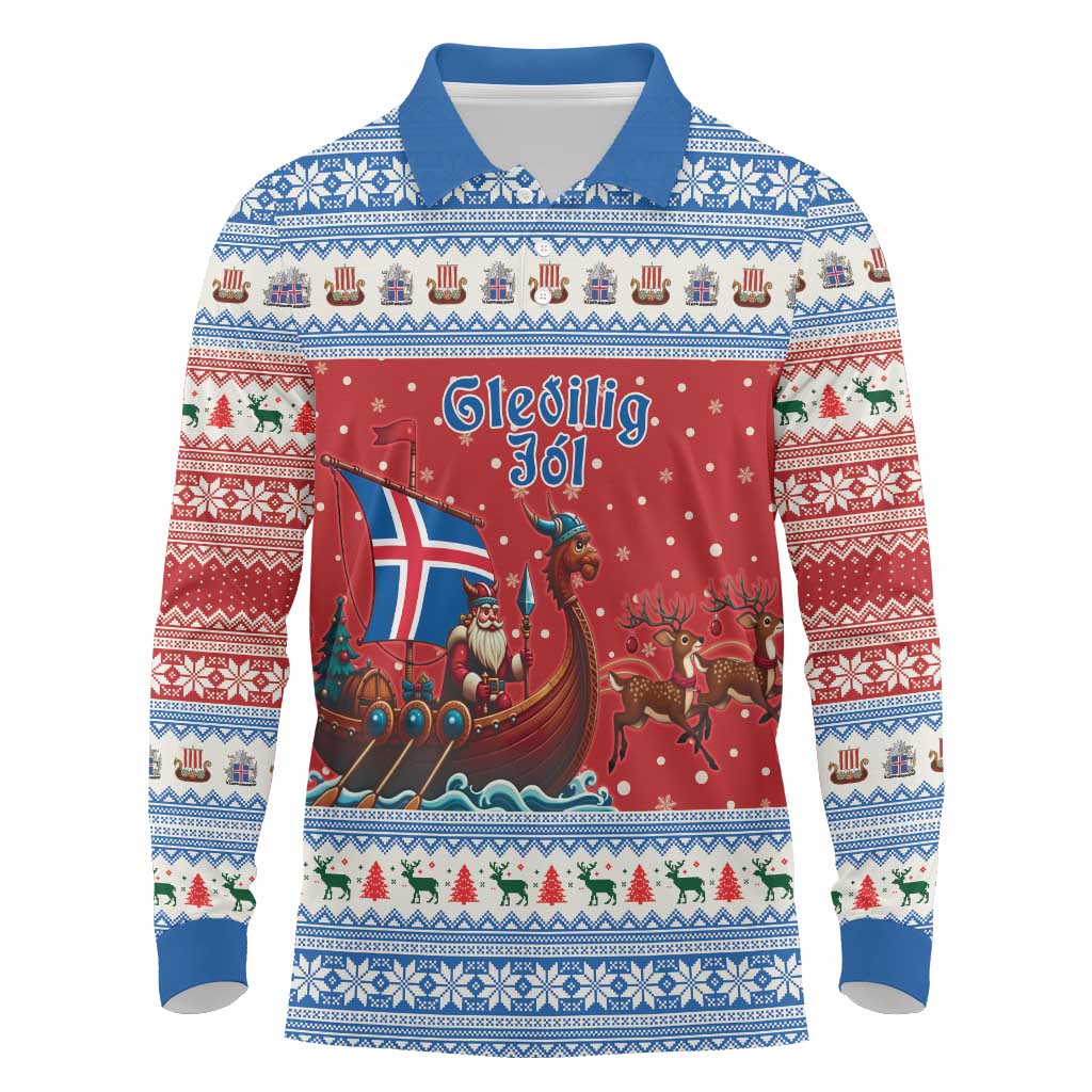 Iceland Viking Santa Christmas Long Sleeve Polo Shirt Funny Reindeer Norse Xmas - Wonder Print Shop