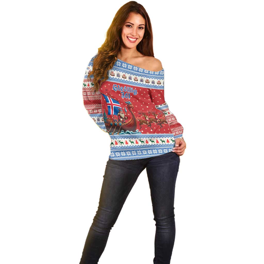 Iceland Viking Santa Christmas Off Shoulder Sweater Funny Reindeer Norse Xmas - Wonder Print Shop