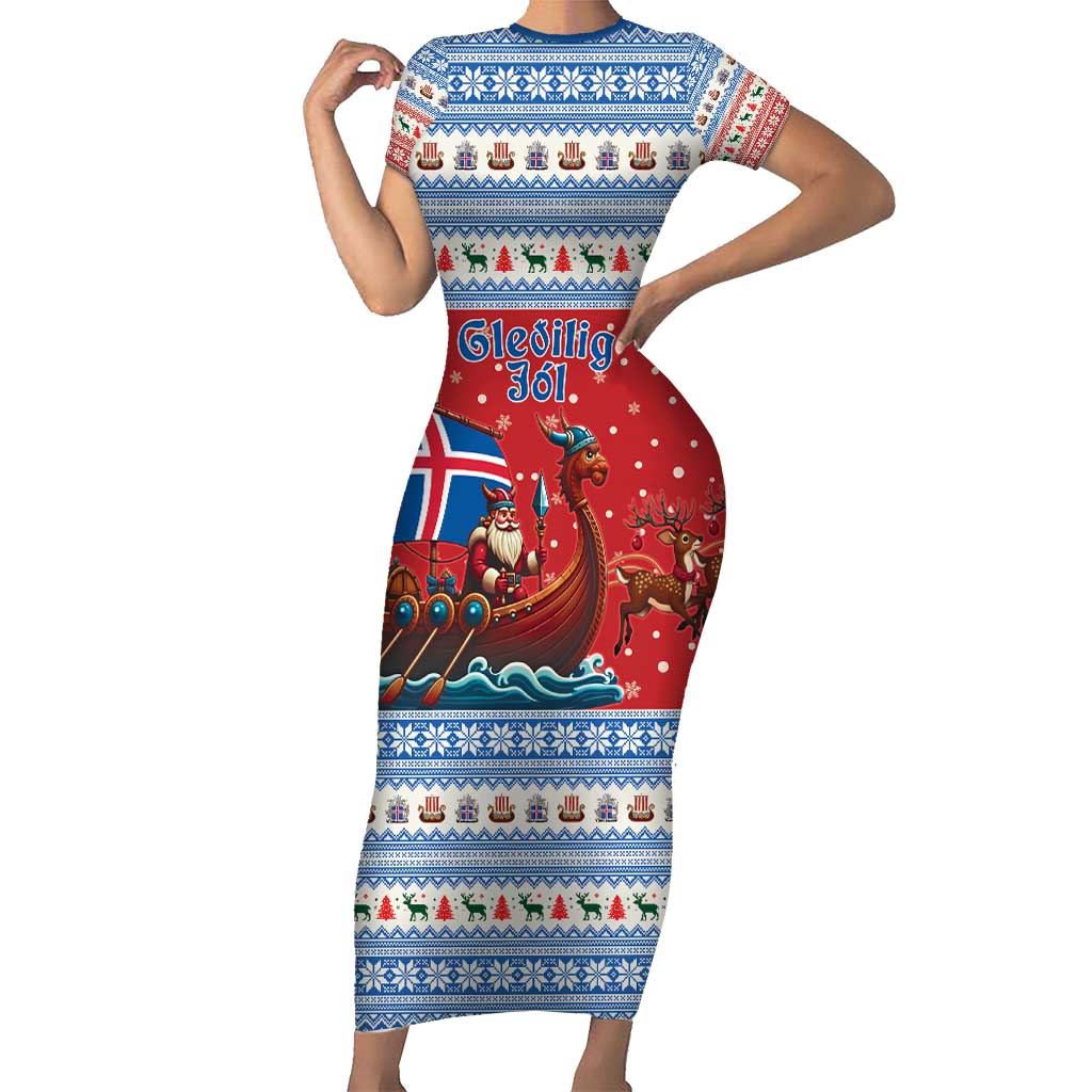 Iceland Viking Santa Christmas Short Sleeve Bodycon Dress Funny Reindeer Norse Xmas - Wonder Print Shop