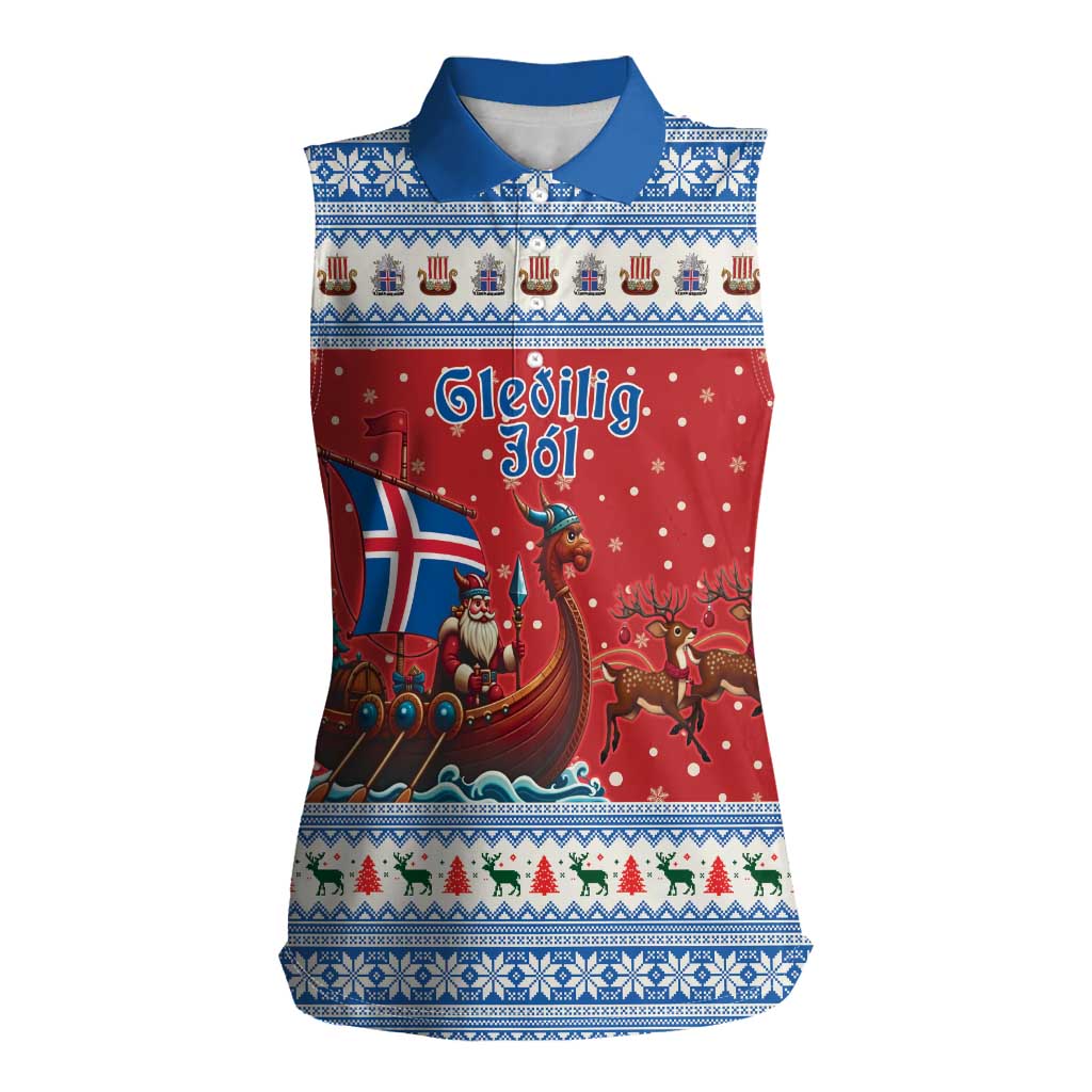 Iceland Viking Santa Christmas Women Sleeveless Polo Shirt Funny Reindeer Norse Xmas - Wonder Print Shop