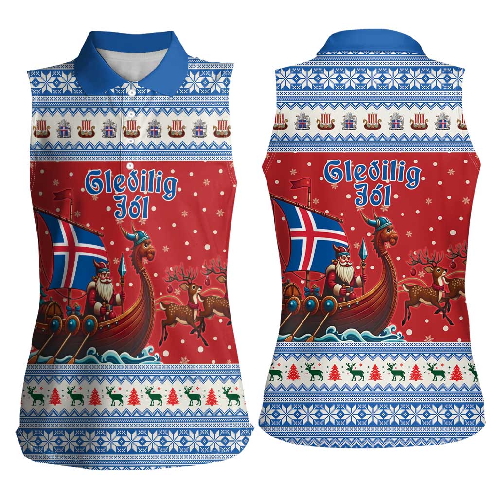 Iceland Viking Santa Christmas Women Sleeveless Polo Shirt Funny Reindeer Norse Xmas - Wonder Print Shop