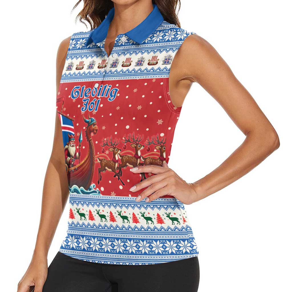 Iceland Viking Santa Christmas Women Sleeveless Polo Shirt Funny Reindeer Norse Xmas - Wonder Print Shop