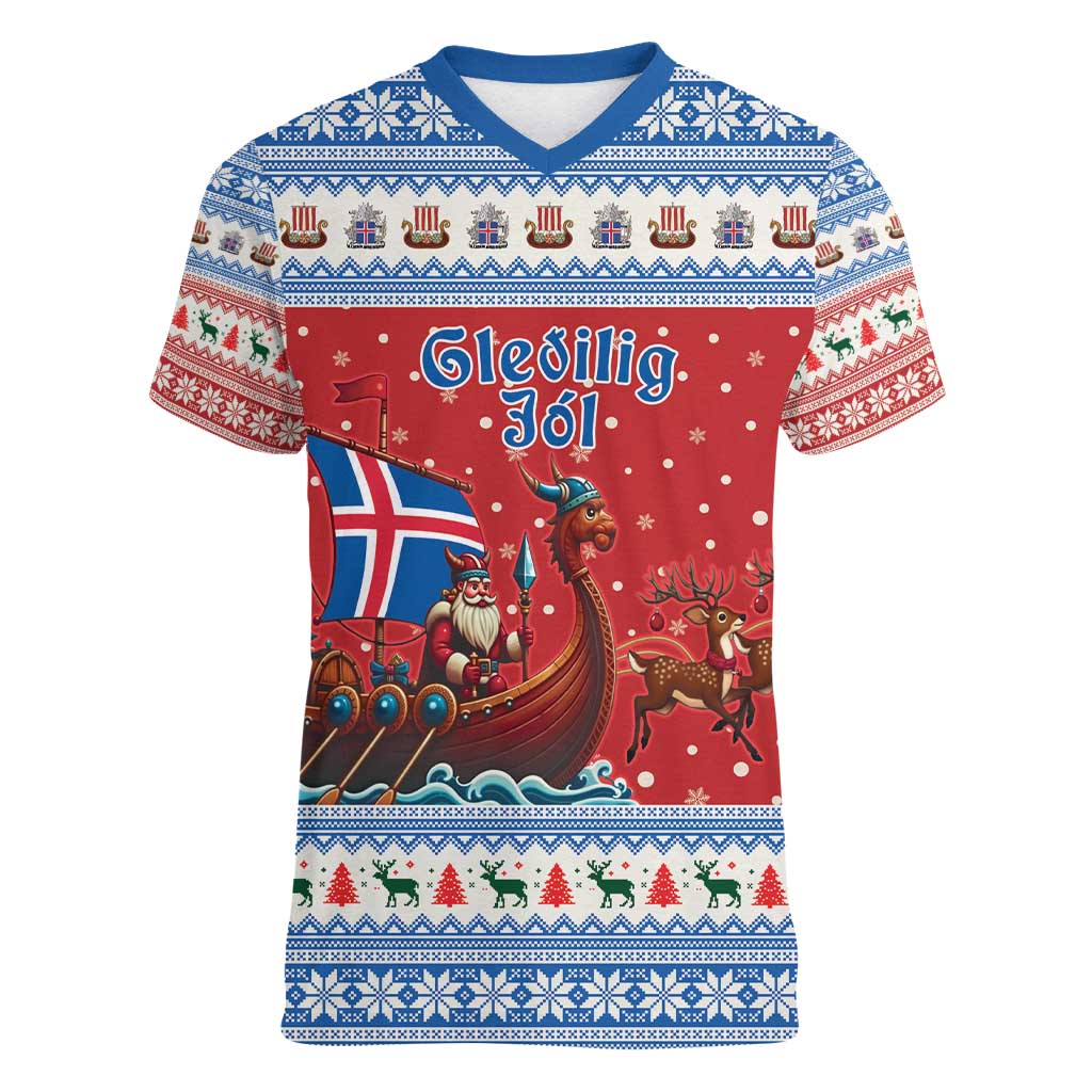 Iceland Viking Santa Christmas Women V-Neck T-Shirt Funny Reindeer Norse Xmas - Wonder Print Shop