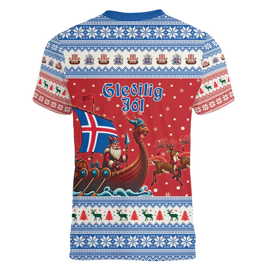 Iceland Viking Santa Christmas Women V-Neck T-Shirt Funny Reindeer Norse Xmas - Wonder Print Shop