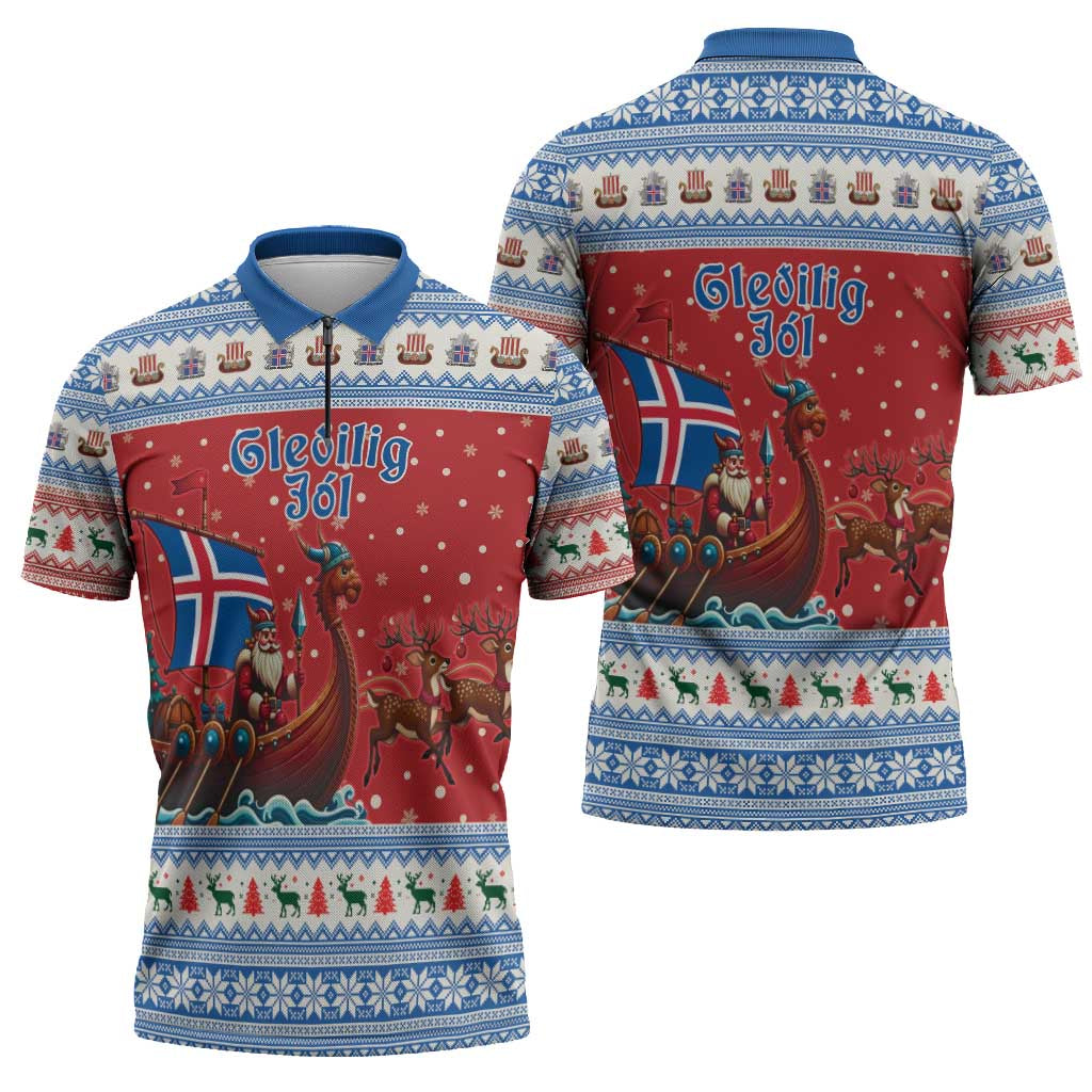 Iceland Viking Santa Christmas Zipper Polo Shirt Funny Reindeer Norse Xmas - Wonder Print Shop