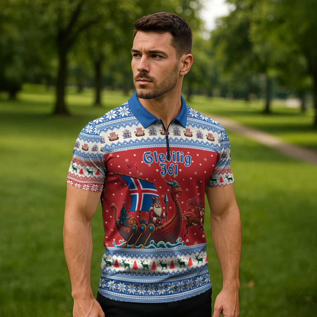 Iceland Viking Santa Christmas Zipper Polo Shirt Funny Reindeer Norse Xmas - Wonder Print Shop