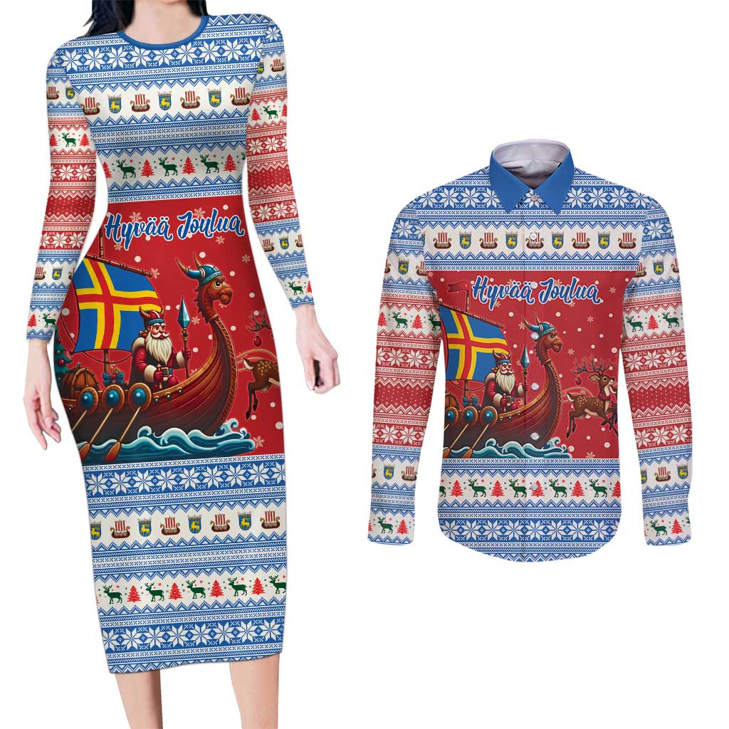 Aland Viking Santa Christmas Couples Matching Long Sleeve Bodycon Dress and Long Sleeve Button Shirt Funny Reindeer Norse Xmas - Wonder Print Shop