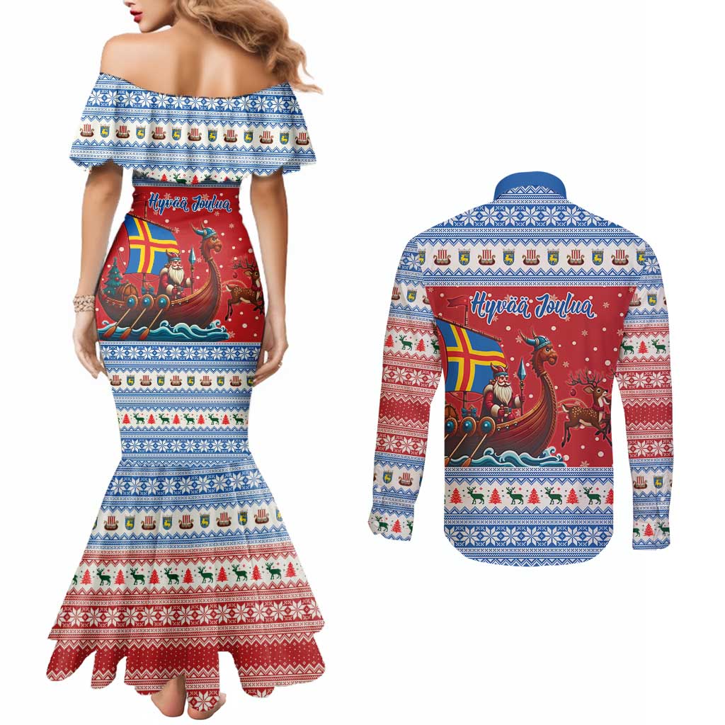 Aland Viking Santa Christmas Couples Matching Mermaid Dress and Long Sleeve Button Shirt Funny Reindeer Norse Xmas - Wonder Print Shop