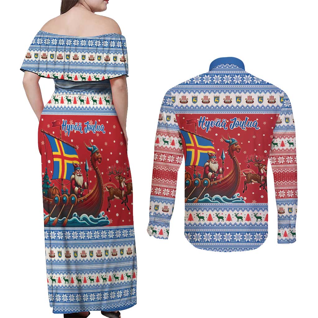 Aland Viking Santa Christmas Couples Matching Off Shoulder Maxi Dress and Long Sleeve Button Shirt Funny Reindeer Norse Xmas - Wonder Print Shop