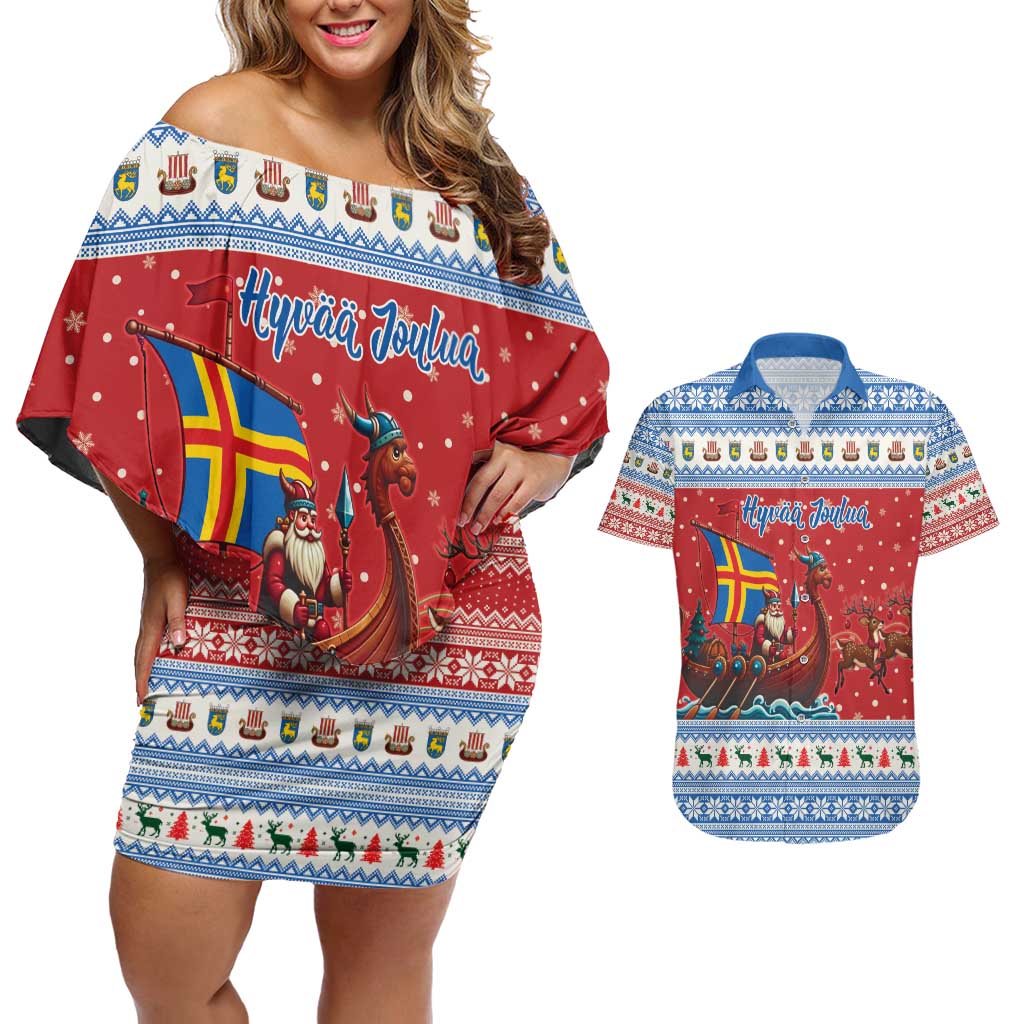 Aland Viking Santa Christmas Couples Matching Off Shoulder Short Dress and Hawaiian Shirt Funny Reindeer Norse Xmas - Wonder Print Shop