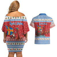 Aland Viking Santa Christmas Couples Matching Off Shoulder Short Dress and Hawaiian Shirt Funny Reindeer Norse Xmas - Wonder Print Shop