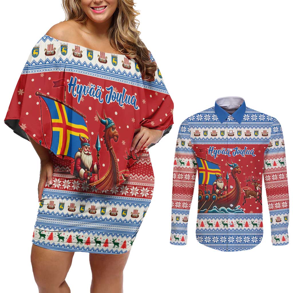 Aland Viking Santa Christmas Couples Matching Off Shoulder Short Dress and Long Sleeve Button Shirt Funny Reindeer Norse Xmas - Wonder Print Shop