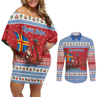 Aland Viking Santa Christmas Couples Matching Off Shoulder Short Dress and Long Sleeve Button Shirt Funny Reindeer Norse Xmas - Wonder Print Shop