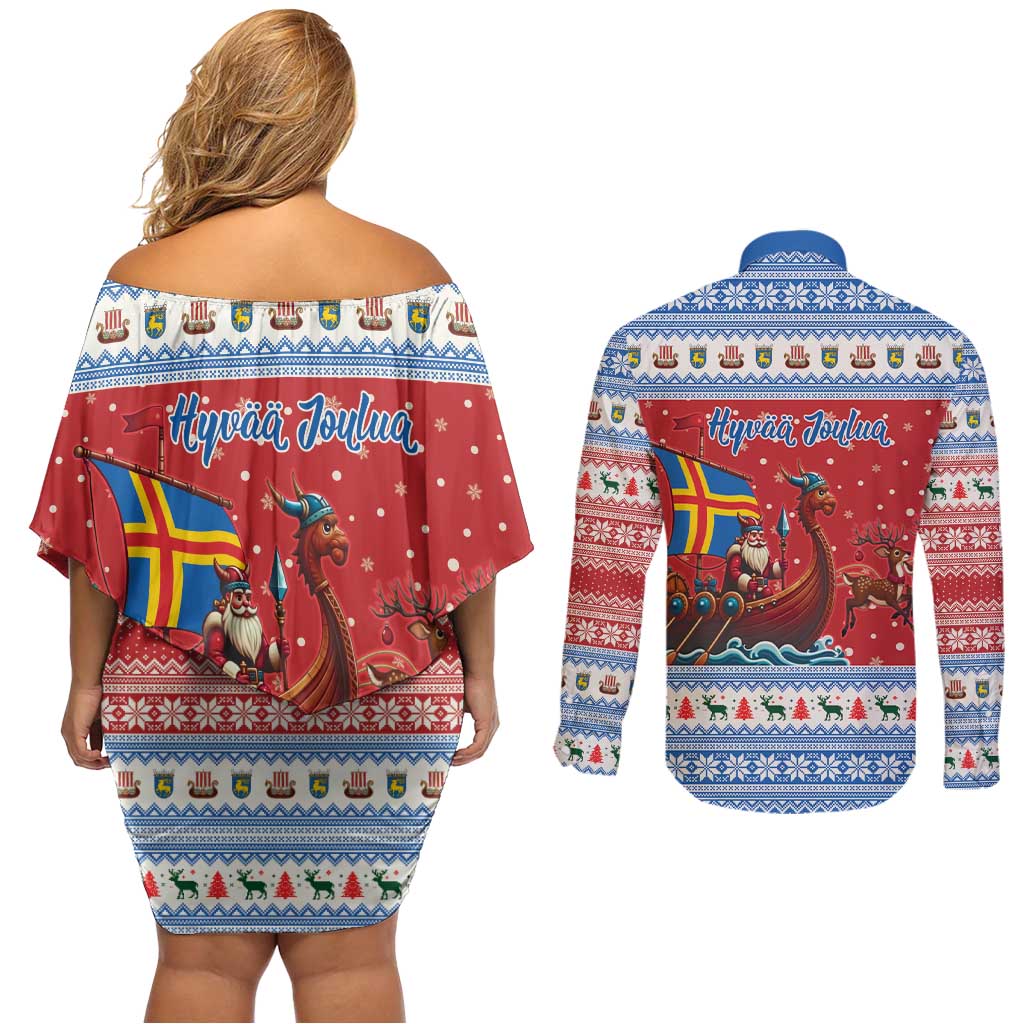 Aland Viking Santa Christmas Couples Matching Off Shoulder Short Dress and Long Sleeve Button Shirt Funny Reindeer Norse Xmas - Wonder Print Shop