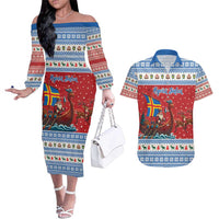 Aland Viking Santa Christmas Couples Matching Off The Shoulder Long Sleeve Dress and Hawaiian Shirt Funny Reindeer Norse Xmas - Wonder Print Shop