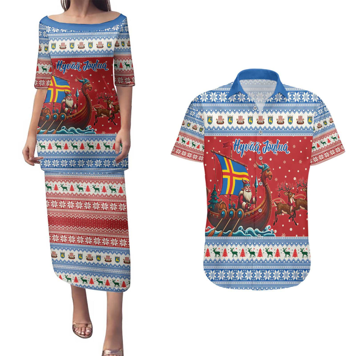 Aland Viking Santa Christmas Couples Matching Puletasi and Hawaiian Shirt Funny Reindeer Norse Xmas - Wonder Print Shop
