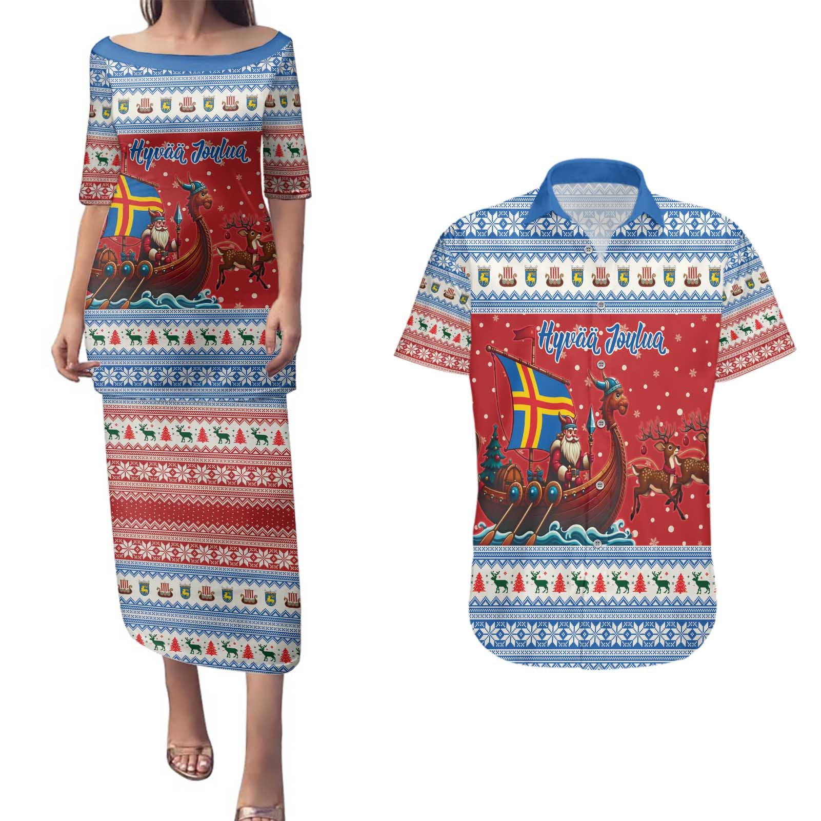 Aland Viking Santa Christmas Couples Matching Puletasi and Hawaiian Shirt Funny Reindeer Norse Xmas - Wonder Print Shop