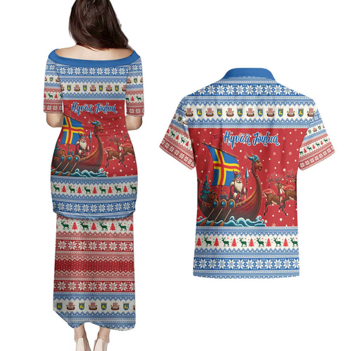 Aland Viking Santa Christmas Couples Matching Puletasi and Hawaiian Shirt Funny Reindeer Norse Xmas - Wonder Print Shop