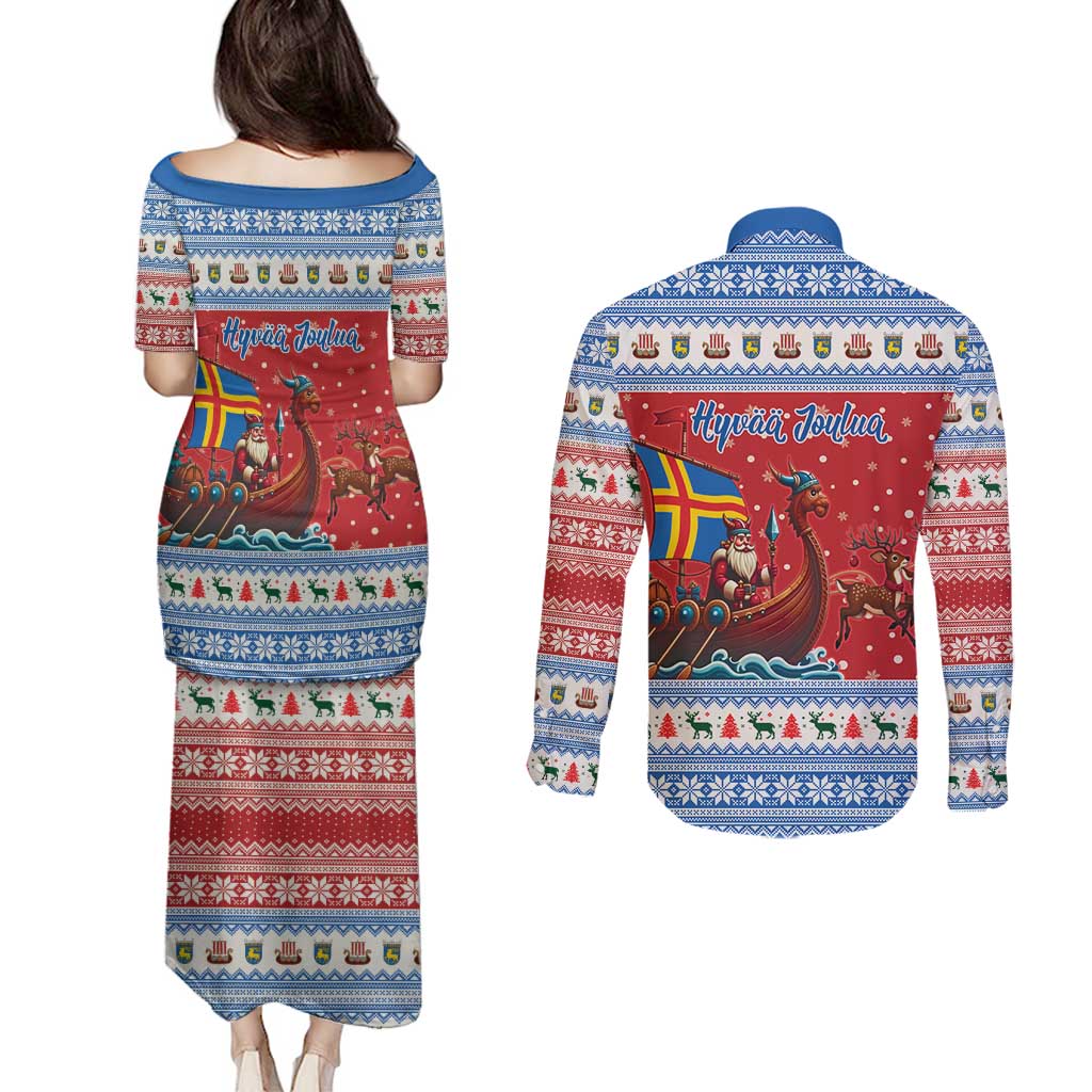 Aland Viking Santa Christmas Couples Matching Puletasi and Long Sleeve Button Shirt Funny Reindeer Norse Xmas - Wonder Print Shop