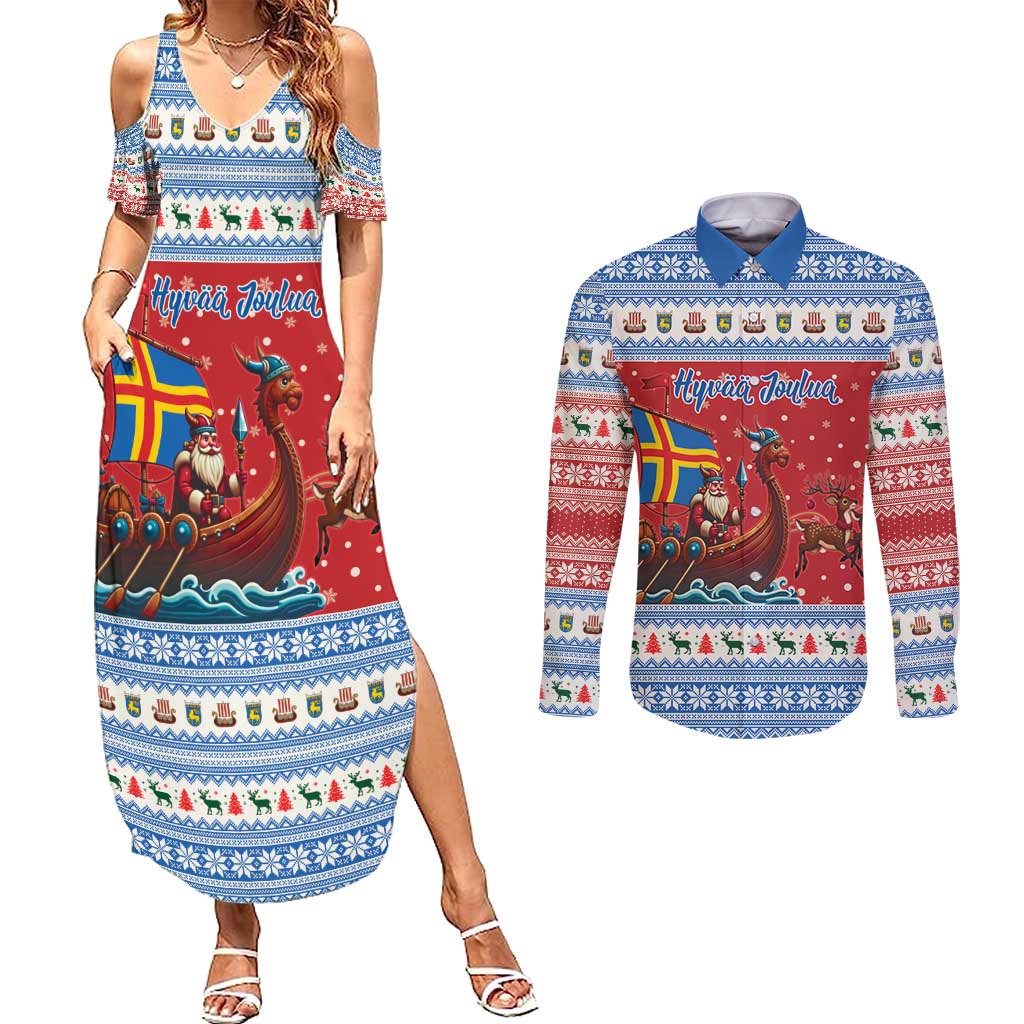 Aland Viking Santa Christmas Couples Matching Summer Maxi Dress and Long Sleeve Button Shirt Funny Reindeer Norse Xmas - Wonder Print Shop