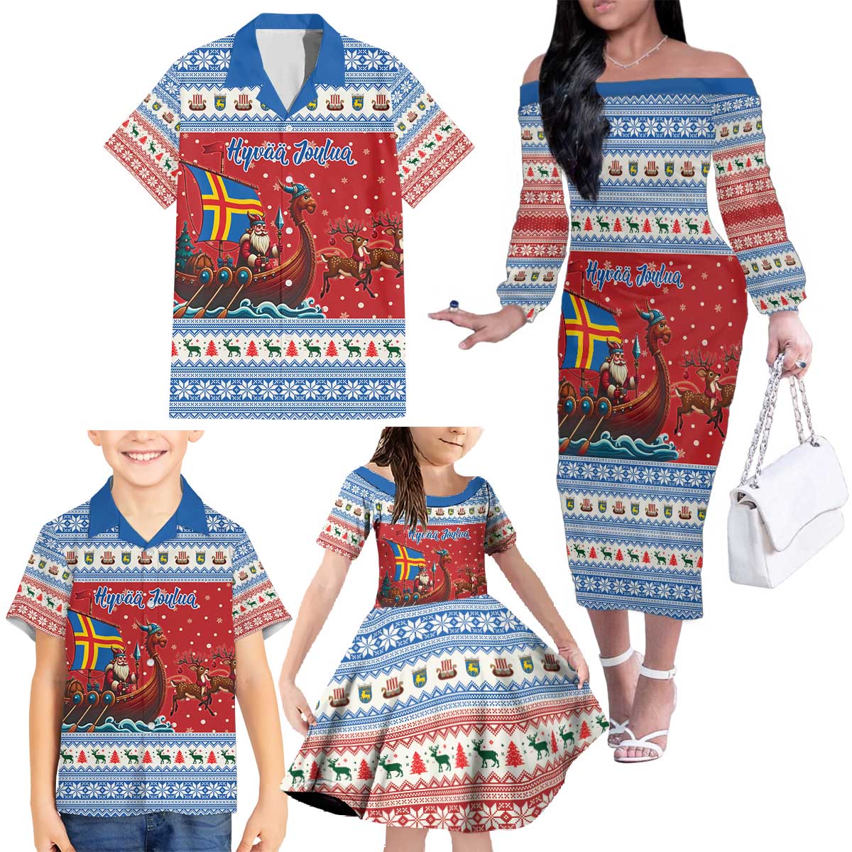 Aland Viking Santa Christmas Family Matching Off The Shoulder Long Sleeve Dress and Hawaiian Shirt Funny Reindeer Norse Xmas - Wonder Print Shop