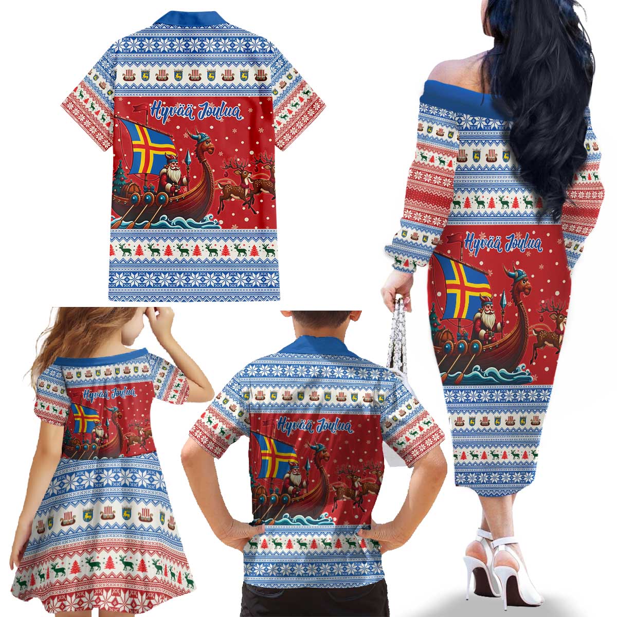 Aland Viking Santa Christmas Family Matching Off The Shoulder Long Sleeve Dress and Hawaiian Shirt Funny Reindeer Norse Xmas - Wonder Print Shop
